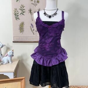 Vintage Purple Sheer Floral Ruffle Top Whimsigoth VisualKei Sexy Romantic Goth M